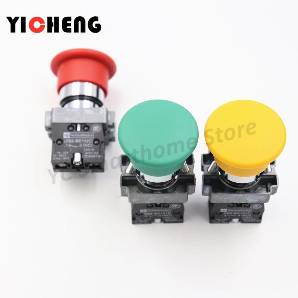 1Pcs Mushroom head push button switch metal self-reset  red/green/yellow