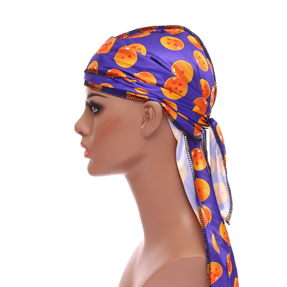 Street Hip-Hop Silky Durags For Men Print Bandana Turban Hat Unisex Doo Durag Wigs Women Headwrap Chemo Cap Long Tail Pirate Hat