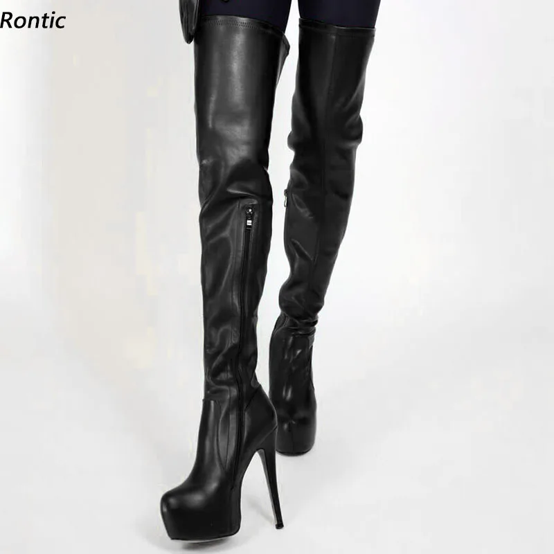 

Rontic Women Spring Thigh Boots Platform Faux Leather Stiletto Heels Round Toe Blue Black Red Fuchsia Party Shoes US Size 5-20