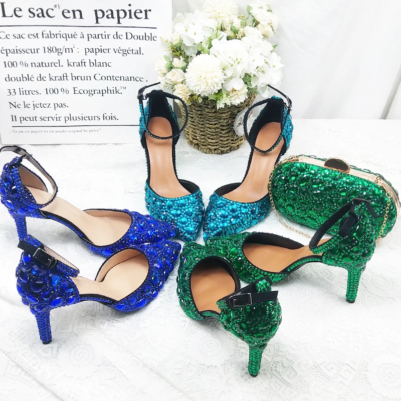 Teal Blue Women wedding shoes Woman Summer Sandals crystal ankle strap shoes woman Fashion Pointed toe High shoes Buckle Sandals