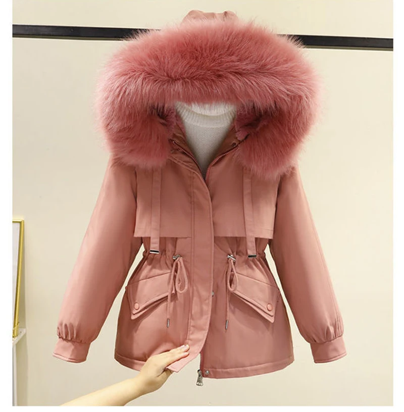 Cotton Padded Plus Size 2XL Winter Big Fur Jacket Women Loose Slim Warm Hooded Parka Coat Down jacket