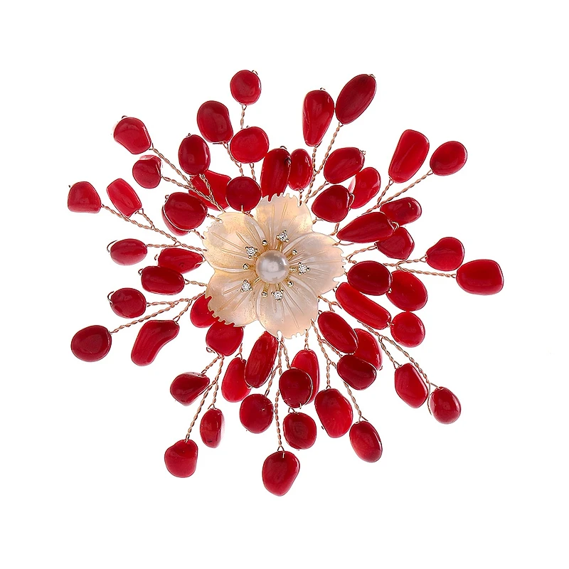 Coral Red Nature Pearls Brooch New Retro Shell Beads Brooches Accessories Big Clothing Ornament Handmade Corsage Pins Luxury Hot