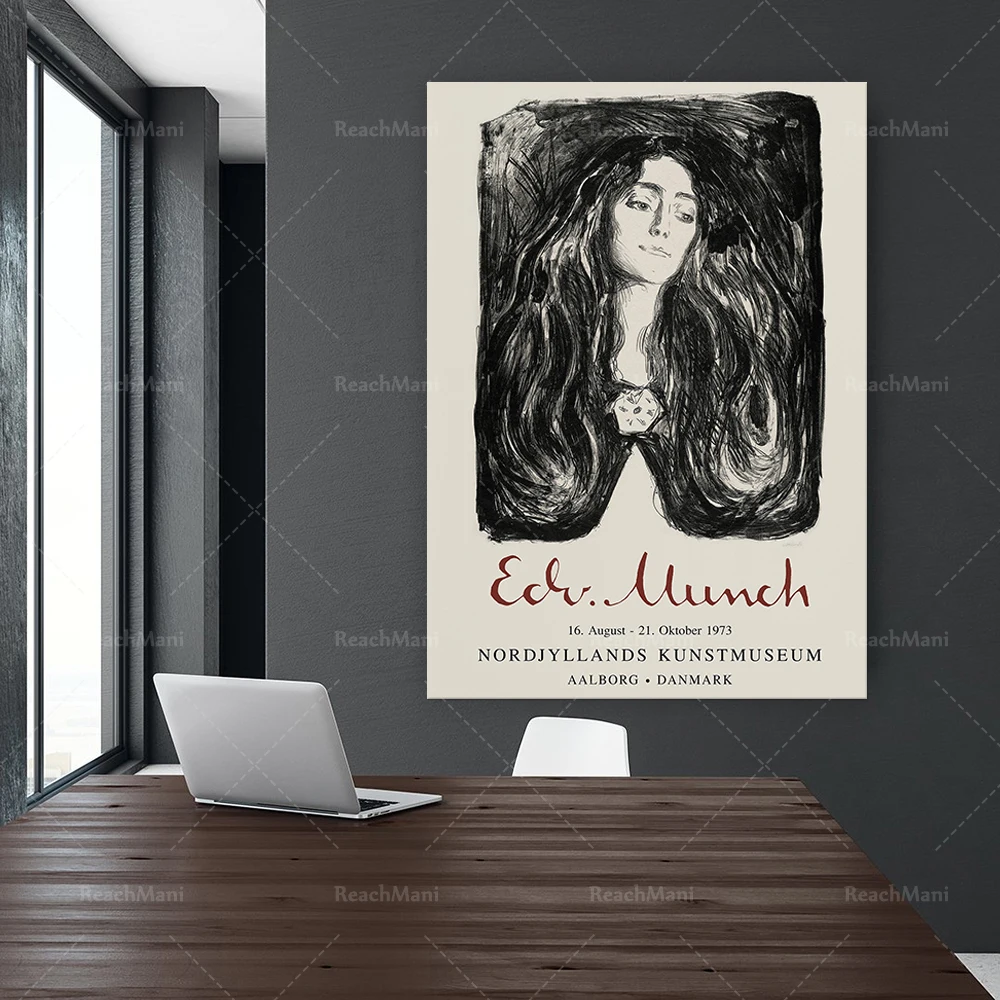 Edvard Munch Exhibition Poster Eva Mudocci Print, Vintage Black White Museum Wall Art Woman Portrait line Sketch Modern Decor