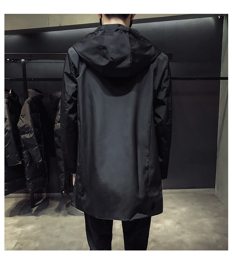 New Men\'s Black Trench Coat Hooded Windbreaker Coats M-4XL Casual Male Clothing Windproof Outwear