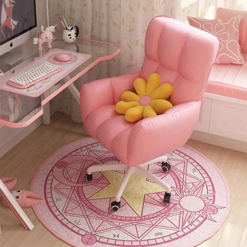 Pink Cute Girl Computer Chair Back Foldable Office Furniture Comfortable Sofa Chair Lift Rotary Reclining Game Chair PU Leather