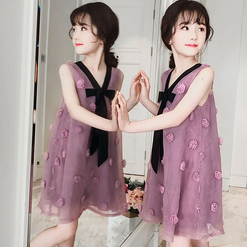 Summer Girls Dress 2021 New Korean Style Applique Bow Little Fairy European American Princess Dress Children\'S  Clothing 4-13