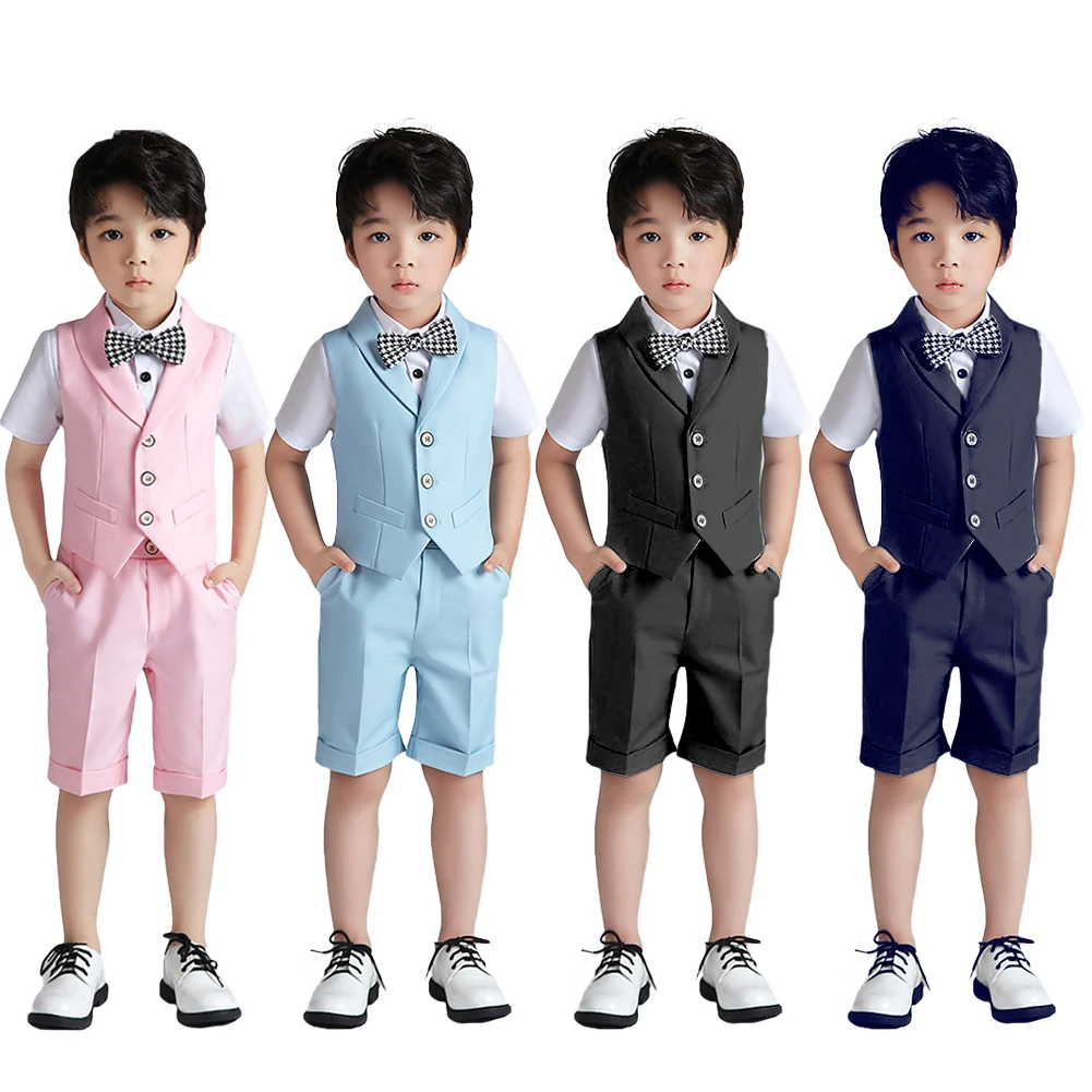 

Boys 3Pcs/4Pcs Set Plain Vest Set Kids Vest Shorts Bowtie Shirt Gentleman Formal Suits Wear Set Wedding Birthday Wear