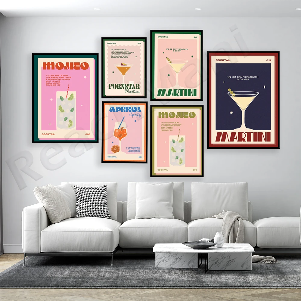 

Retro Cocktail Aperol Spritz, Prosecco, Mojito, Martini Illustrated Poster, Bar Kitchen Colored Alcohol | Colorful