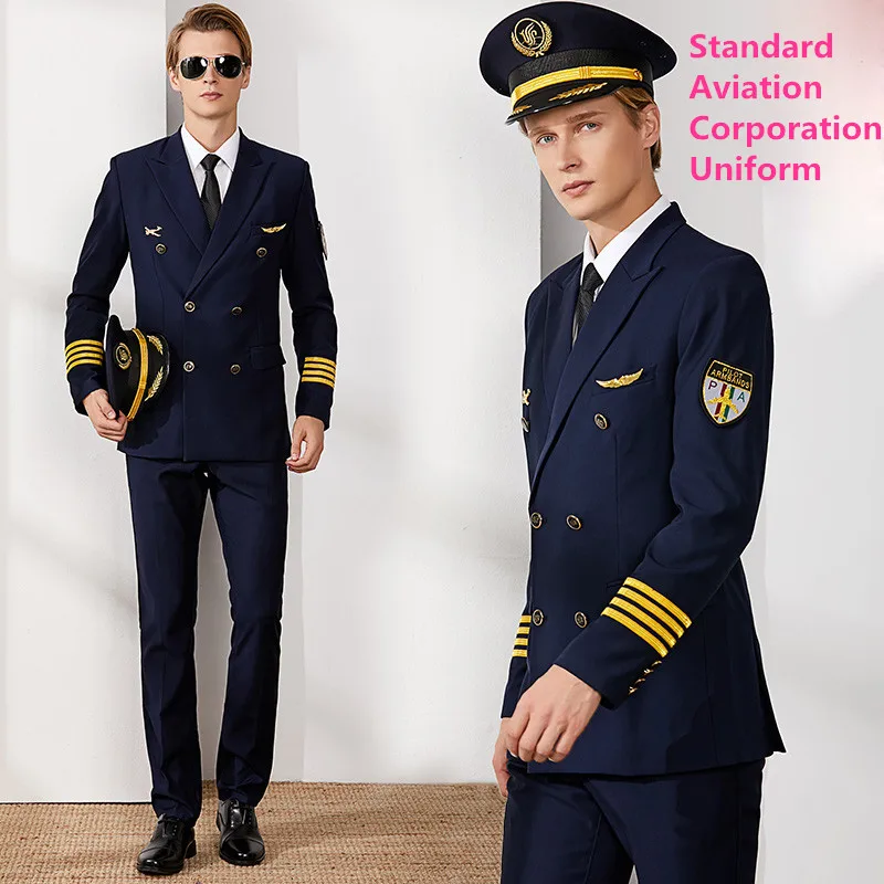 Aviation Workwear Flight Clothing Captain Blue Uniform Pilot Airline Professional Business Suits Jacket + Pants For Gentlemen