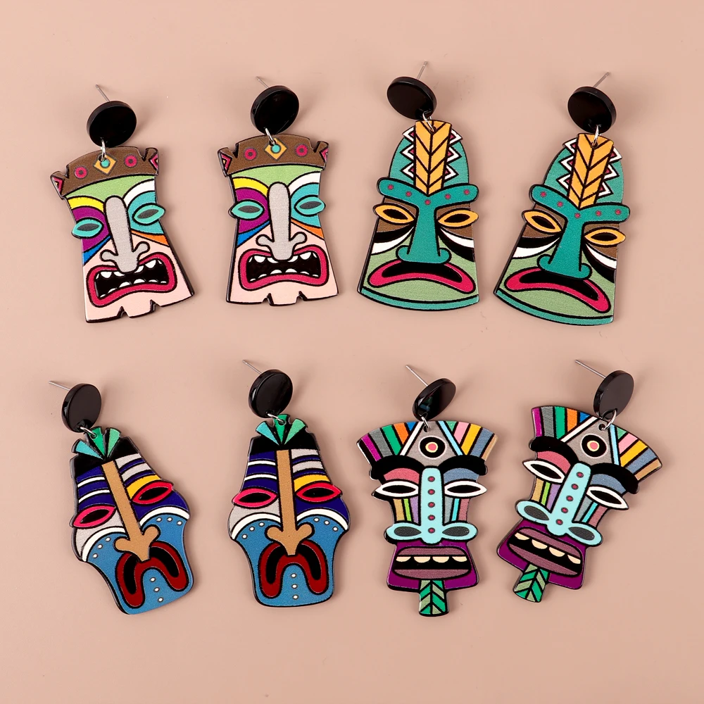 FishSheep Colorful Face Printed Acrylic Drop Earrings For Women Exaggerated Geometric Abstract Printing Earring Fashion Jewelry