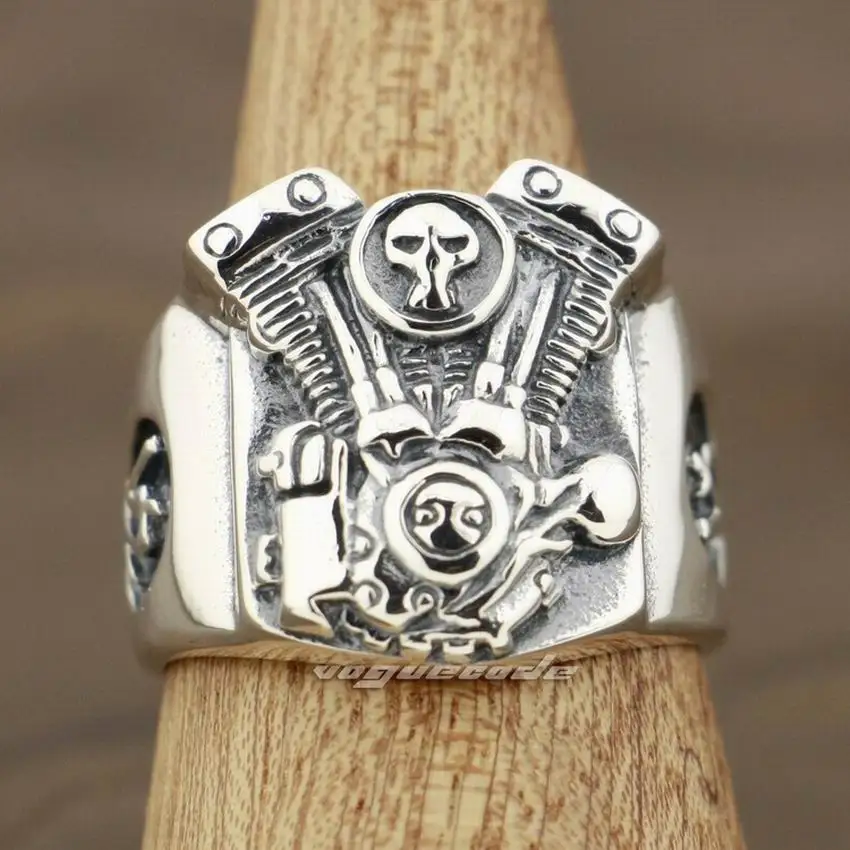 V2 Skull Motorcycle Engine 925 Sterling Silver Mens Biker Punk Ring 8Y009 US Size 7 to 14