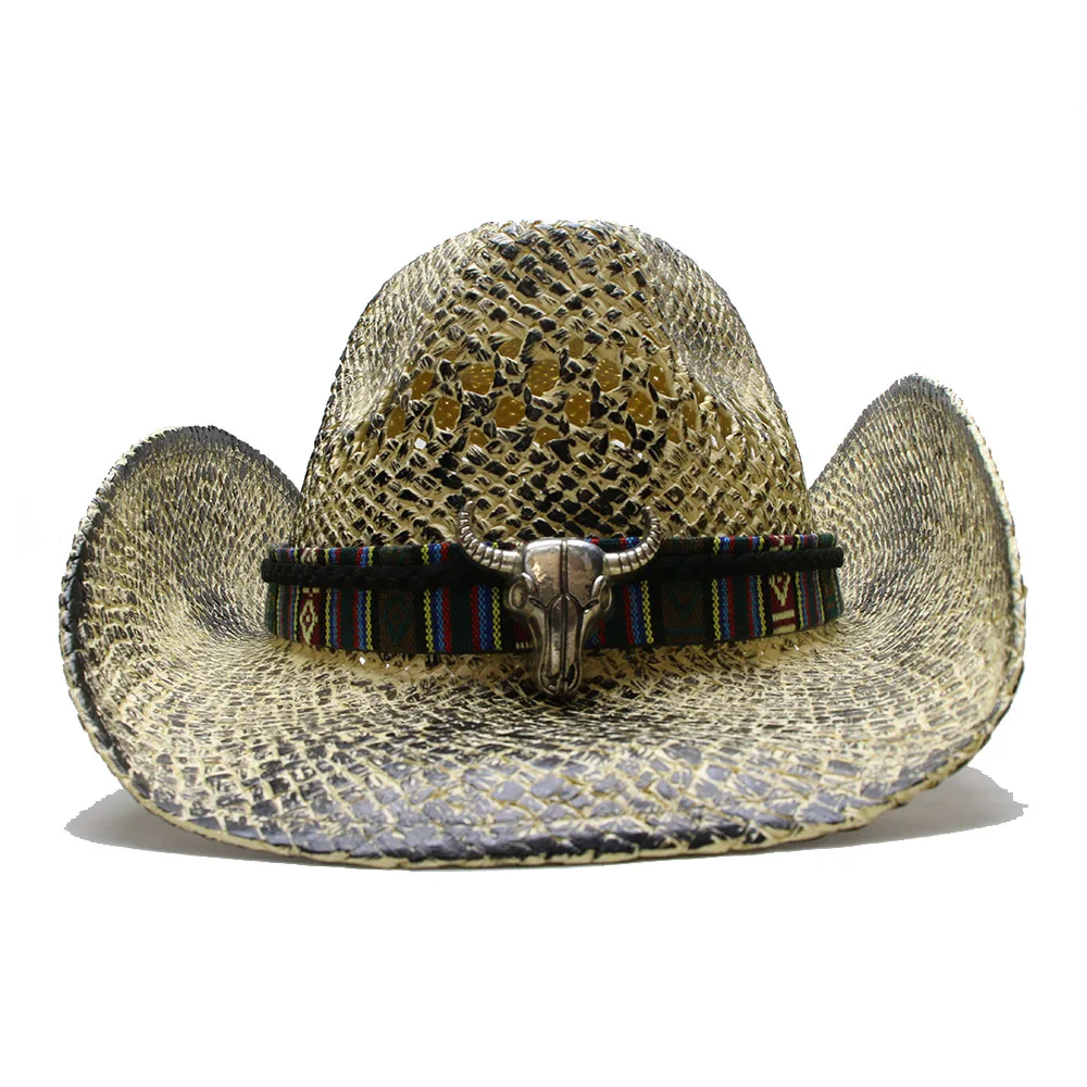 

A160 Adult Summer Raffia Hats Retro Big Cow Leather Belt Beach Caps Men Women West Cowboy Hat Raffia Straw Cap Adjustable Size