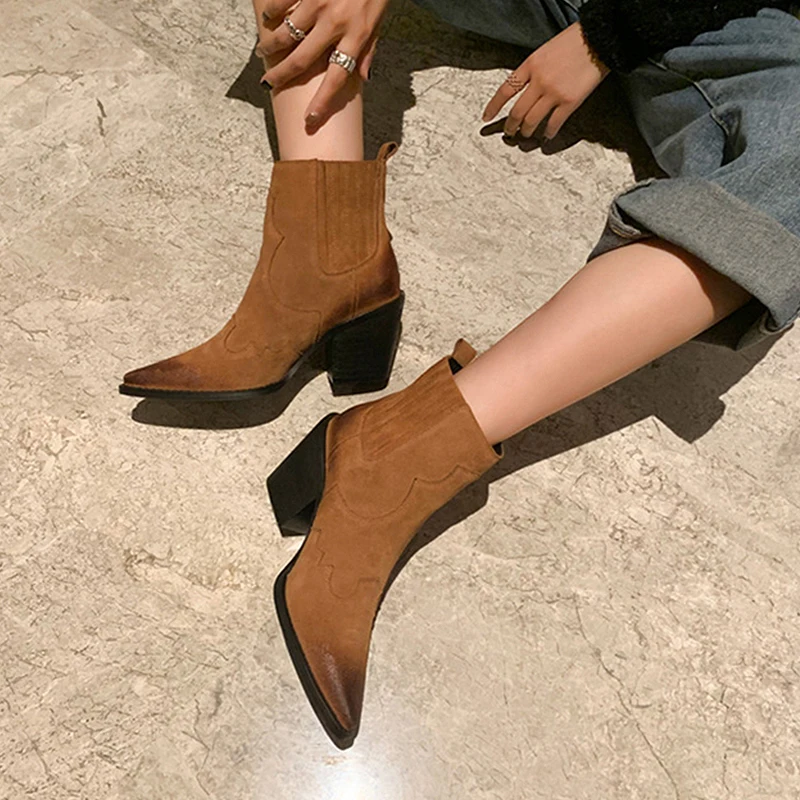 Leather Boots Women Genuine Pointed Toe Mid Heel Ankle Boots Thick Square Heel Slip On Western Boots Cowboy Boots Women 2020 New