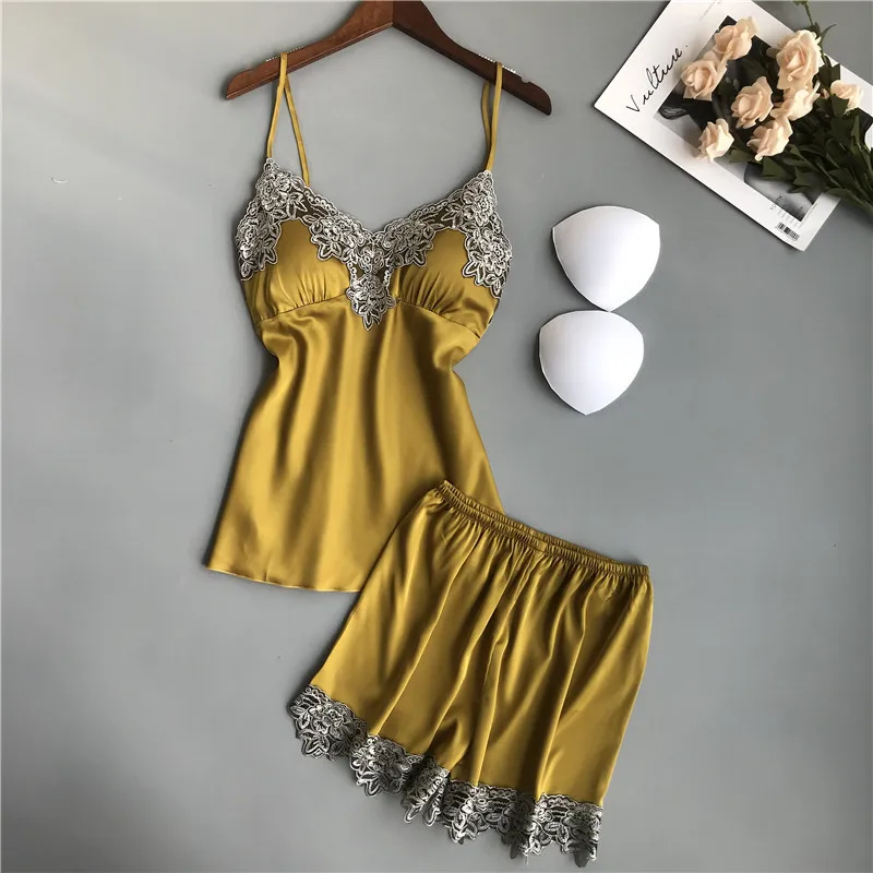 Lisacmvpnel Sexy Ice Silk Sling Shorts Pajamas Two-piece Set Thin Section Chest Pad V-Neck Sleepwear