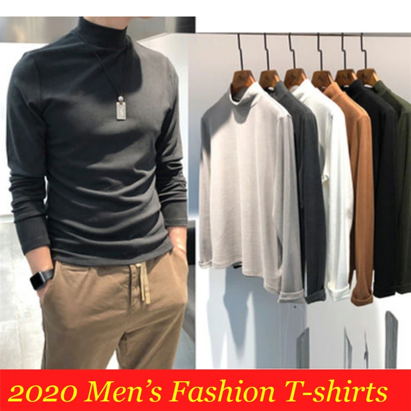 Casual Tshirts Men Long Sleeve Pullovers Half High Neck Autumn T-shirts Masculinas Male Solid Tees Camisetas De Hombre 2023