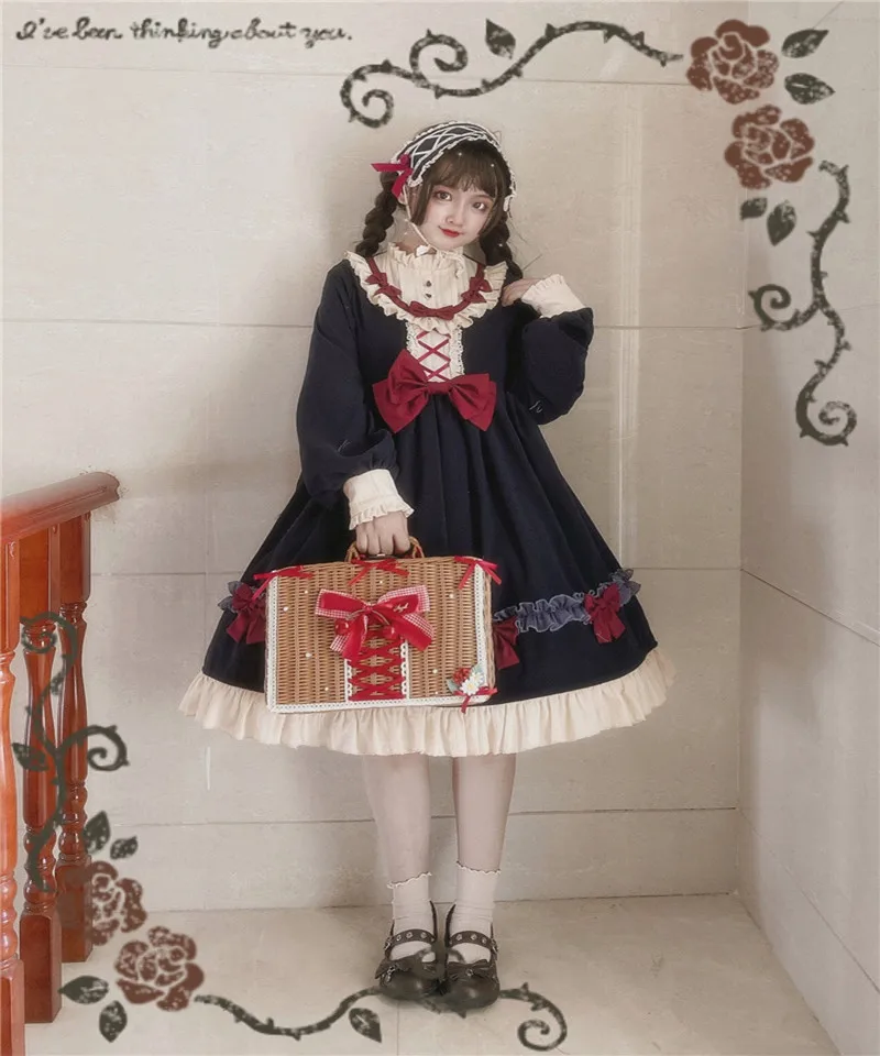 

Gothic palace sweet lolita dress vintage falbala stand bowknot high waist victorian dress kawaii girl gothic lolita op loli cos