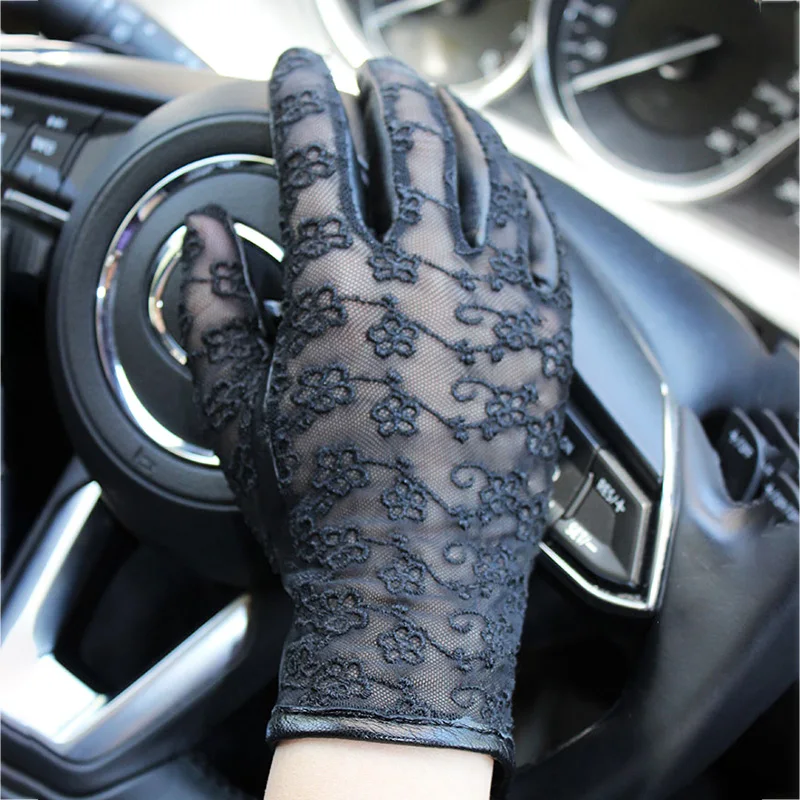 Summer Driving Touch Screen Sheepskin Leather Gloves Women\'s Thin Stretch Lace Unlined Straight Style Spring and Autumn Equinox