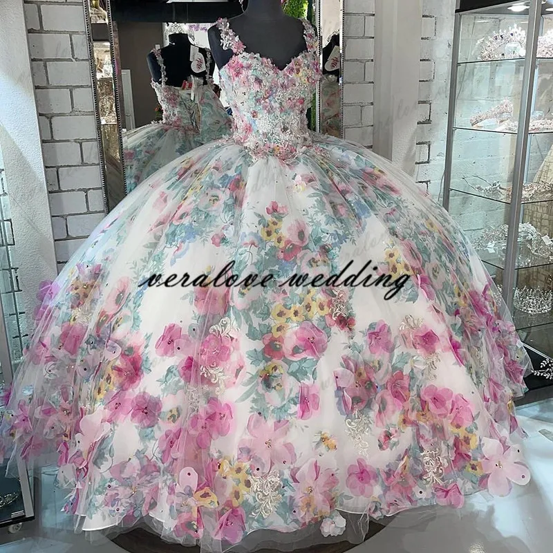 Quinceanera Ball Gown Dresses 3D Floral Flowrs Sweet 16 Dress Floor Length Puffy Party Gown vestidos de 15 años