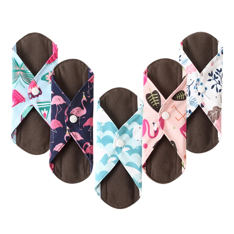 Women Reusable Menstrual Pads Feminine Hygiene Pad Absorbent Bamboo Charcoal Sanitary Pads Daytime Panty Liners M 5Pcs