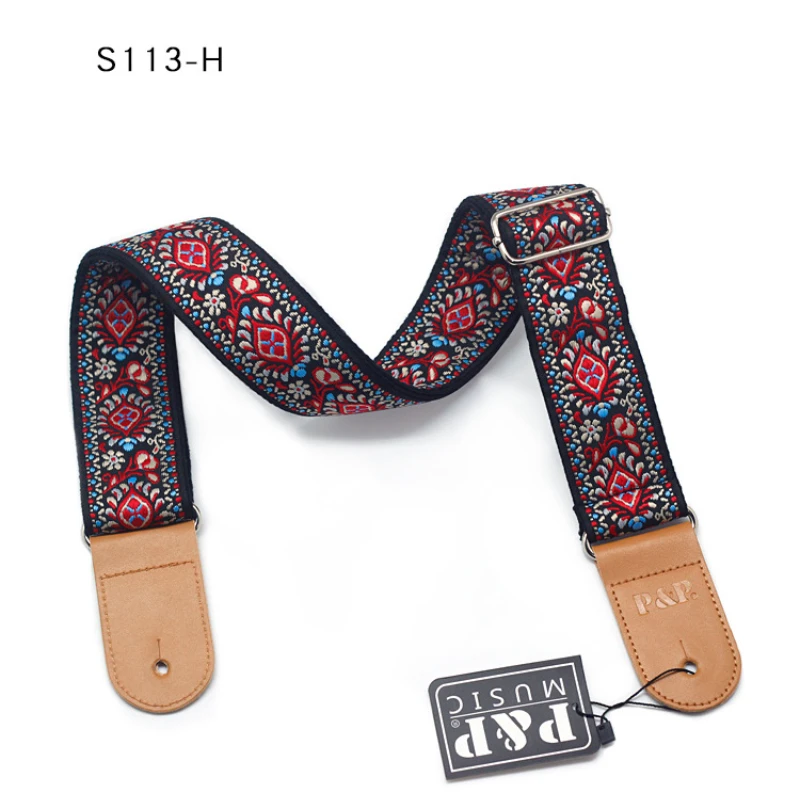 Guitar Strap Embroidery Belt Adjustable Jacquard Band with Leather End for Bass Acoustic Electric Folk Guitar Musical Instrument