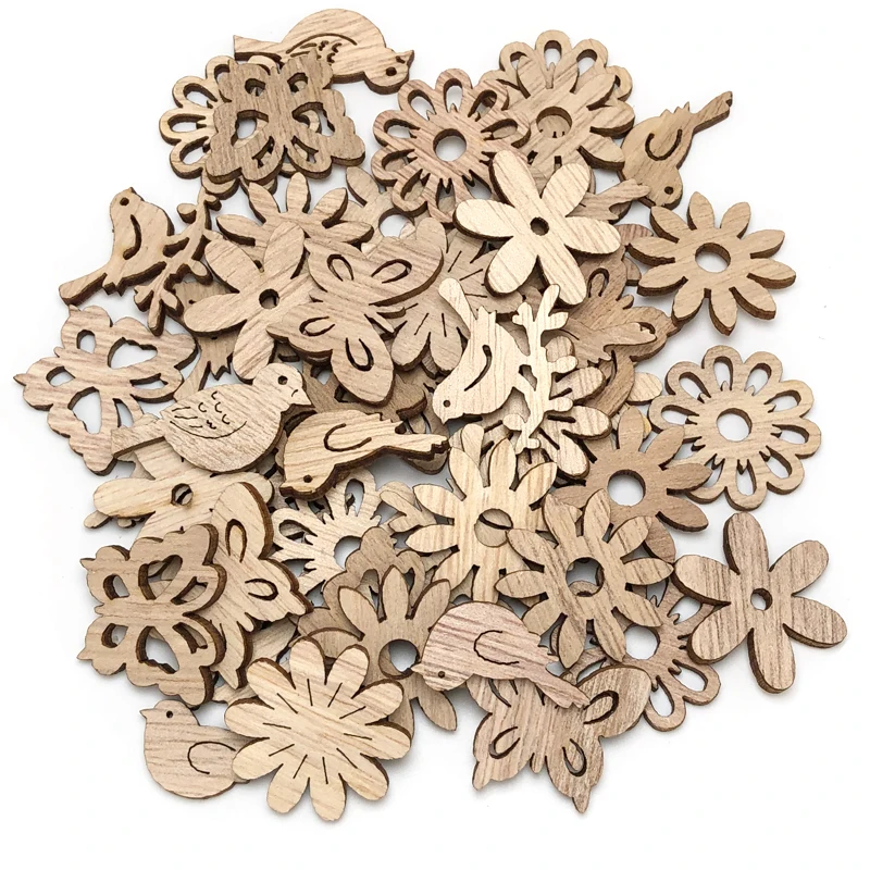 25/50pcs Mix Natural Wood Chips Butterfly Flowers Wooden DIY Crafts Christmas Tree Hanging Ornaments Wedding Party Home Decor