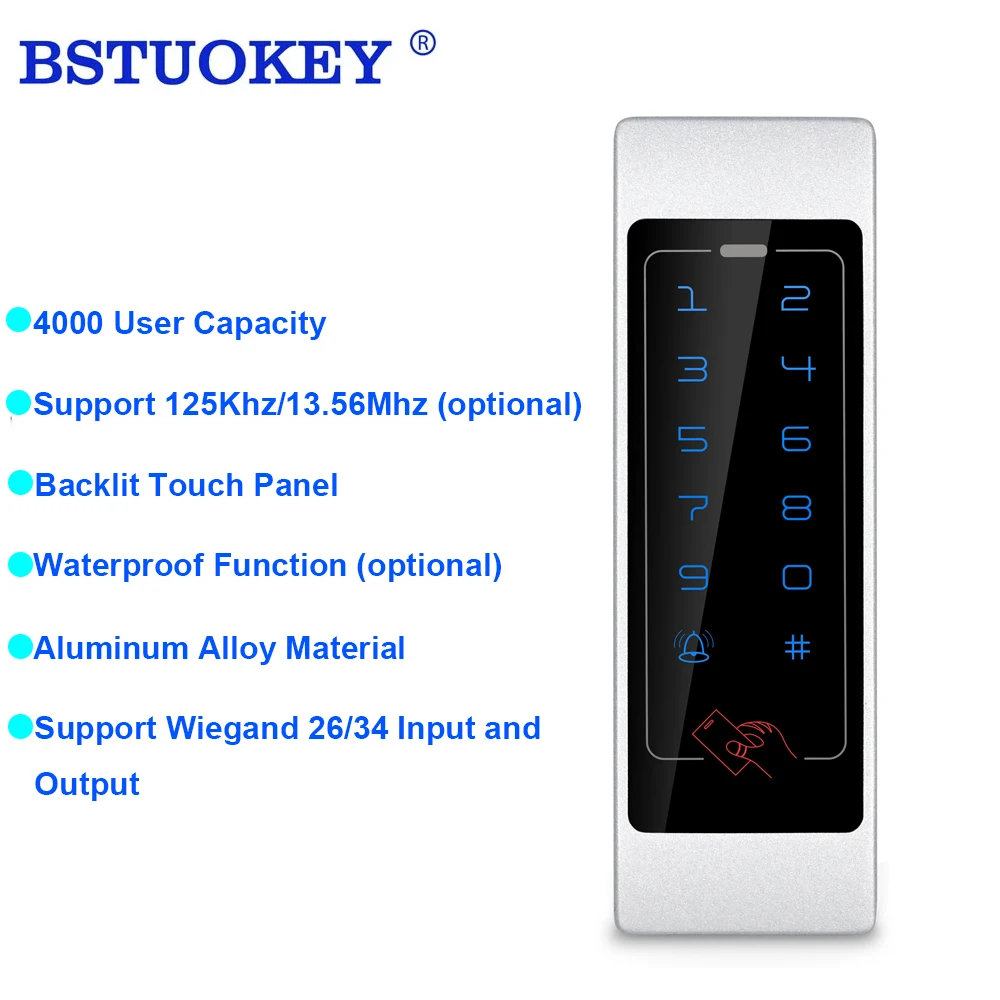 

RFID-управление доступом, сенсорная клавиатура, Поддержка 4000 пользователей, одно касание, доступ в офис, водонепроницаемый доступ, Wiegand 13,56 МГц 125 кГц, кардридер