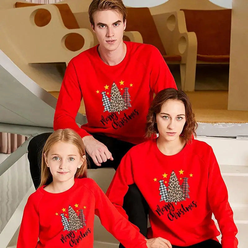 Matching Round Neck Long Sleeve Pullover Family Sweater Cute Christmas Tree Letters Print Ugly Family Shirts Parent-child Outfit