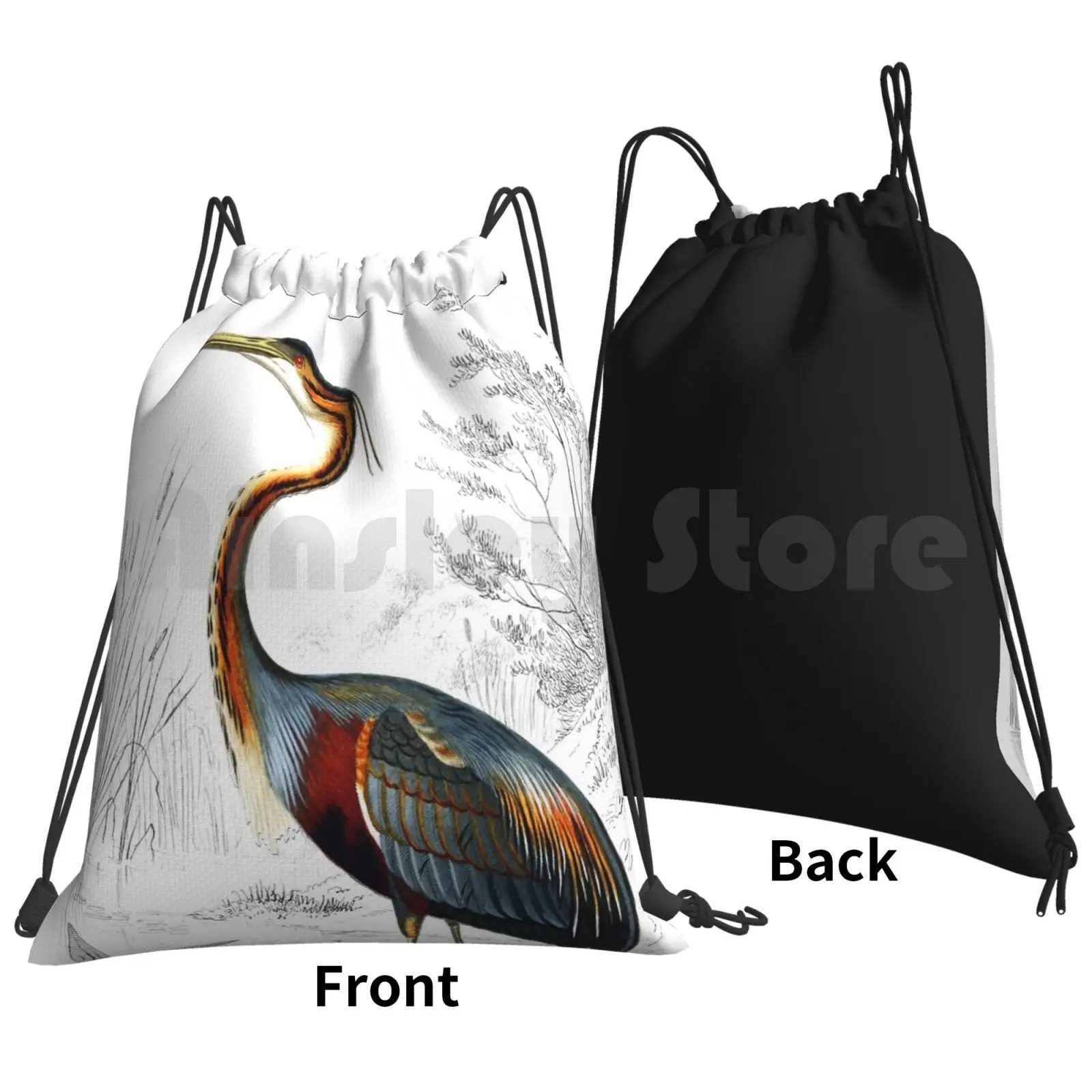 Colorful Heron Antique Artprint Backpack Drawstring Bags Gym Bag Waterproof Nature Jungle Spring Floral Petal Beautiful