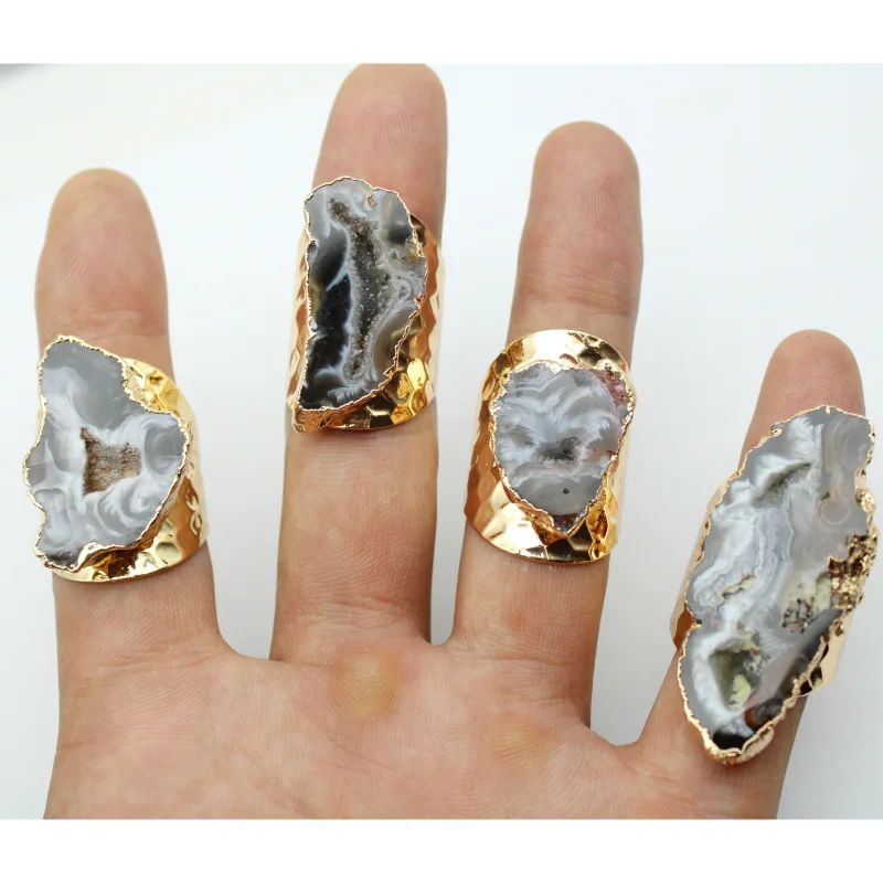 2pcs Natural Brazilian Agates Handmade Electroplated Gold Color Edged Slice Open Agates Geode Rings Drusy Mens from Brazil Style