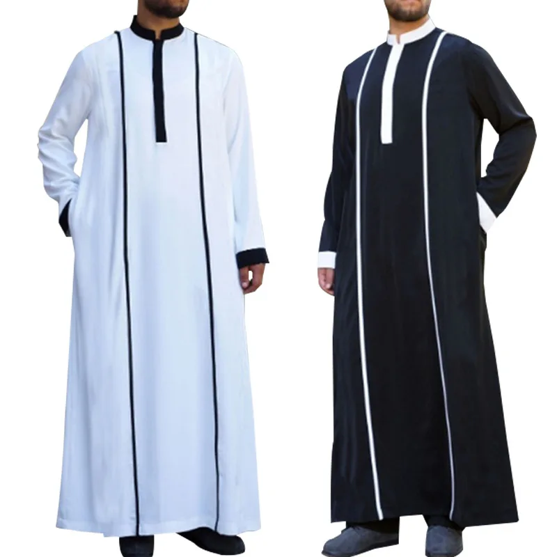 Fall Men Solid Color Jubba Thobe Saudi Arab Long Sleeve Abaya Islamic Clothing Robe Kaftan Muslim Robe for Pakistan Pray Dress