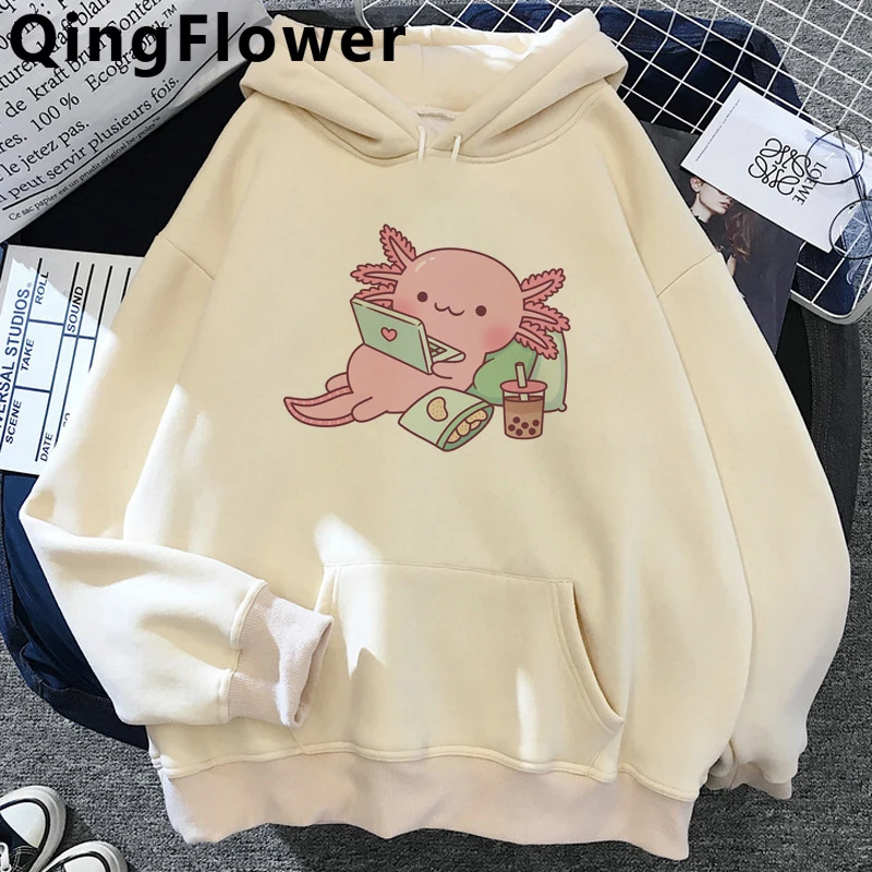 Funny Cartoon Axolotl Kawaii Graphic Unisex Hoodies Women Cute Anime Streetwear Winter Warm Sweatshirt Manga 90s Hoody Female