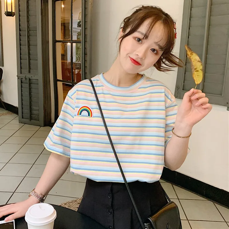 Women Rainbow Striped Tee Shirt Summer Short Sleeve Harajuku Tee Tops Loose Korean Style Sweet Tshirt .