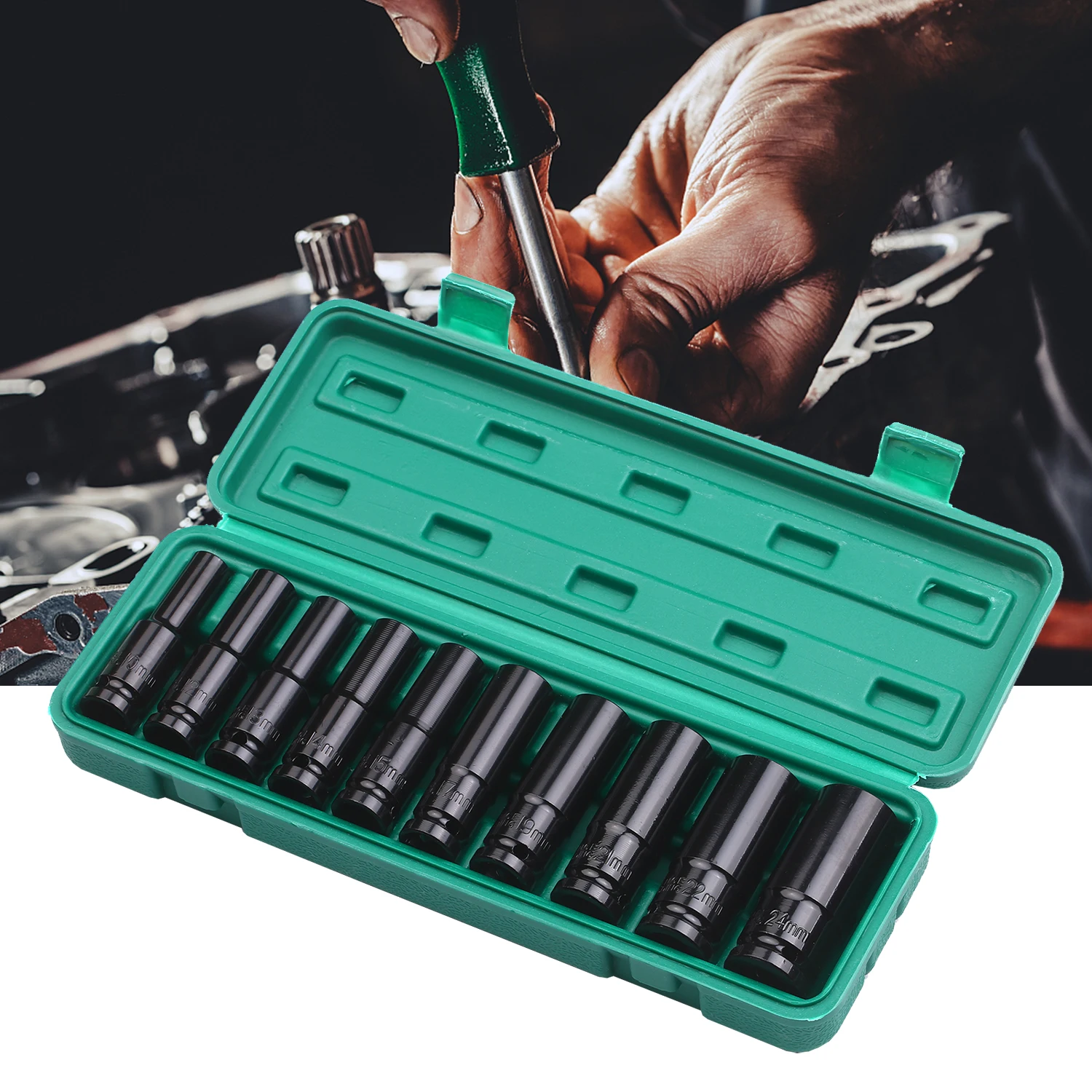 1/2Inch Drive 6-Point Impact Socket Set 10-Piece Metric Sizes 10-24mm Carbon Steel Impact Socket Set with Hard Storage Box