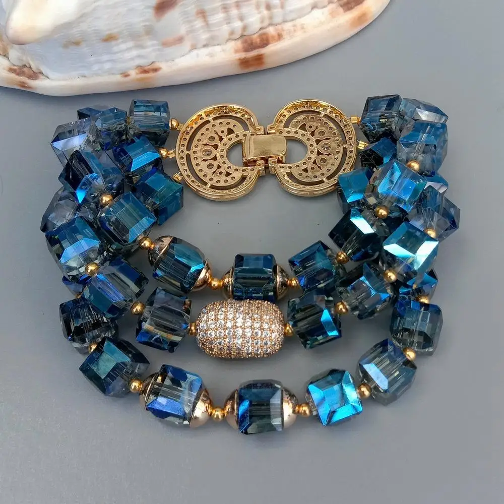 KKGEM 3 Strands Faceted Cube Shape Blue Crystal Cubic Zirconia Pave Bead Bracelet 8.5" 2