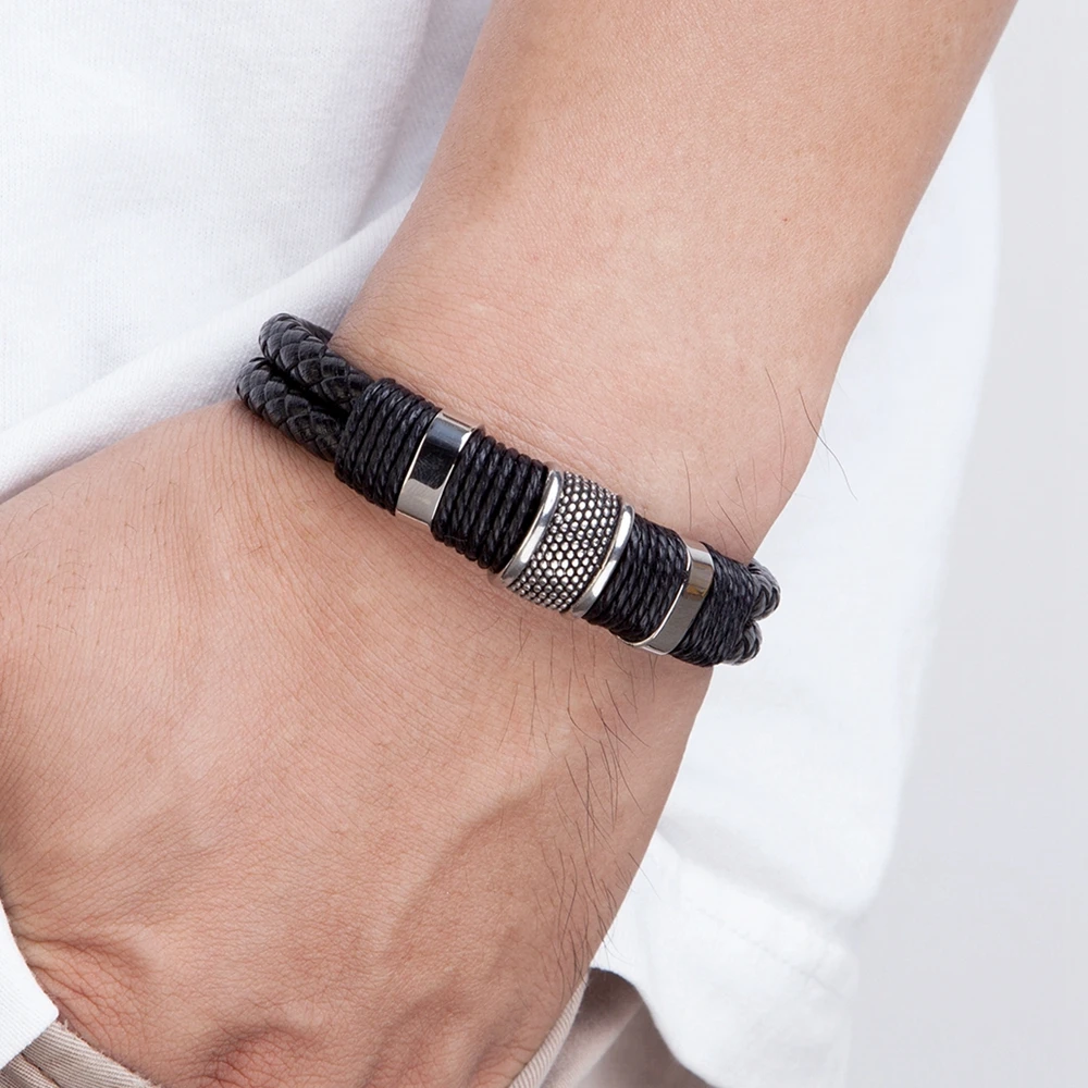 XQNI-pulsera de cuero tejida de doble capa para hombre, brazalete clásico de acero inoxidable, diseño personalizado, estilo especial