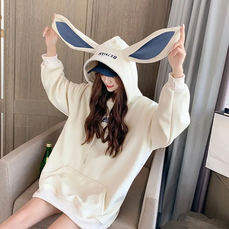 

HOUZHOU Kawaii Tops Women Spring Autumn Sweet Hoodies Rabbit Ears Preppy Style Loose Oversized Long Sleeve Sweatshirt Streetwear