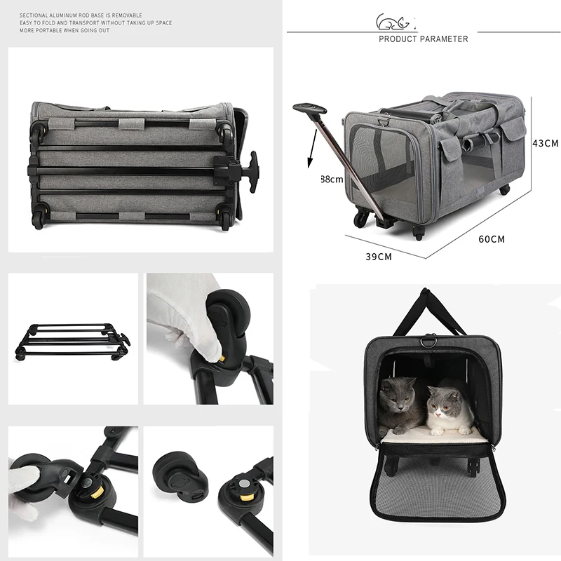 Portable Pet Trolley Case, Detachable Universal Wheel, Breathable, Foldable, Large Capacity, Puppy Travel Bag, Mesh Bag