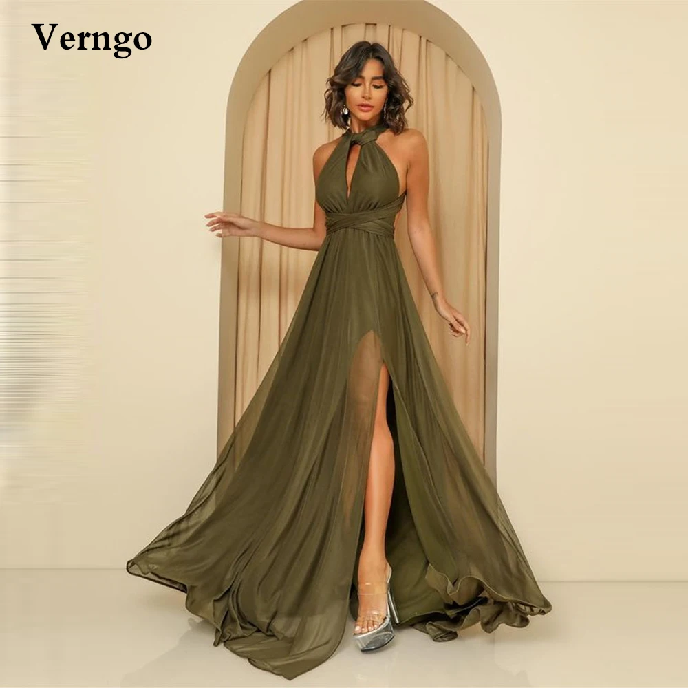 Verngo 2021 Olive Green Chiffon Long Prom Dresses Jewel Neck Side Slit Criss Cross Simple Evening Gowns Women Formal Party Dress