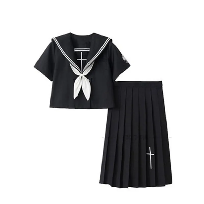 Cross Embroidery School Uniform High School Girl Sailor Suits Cosplay Costume Black Short Long Sleeve Japanese Anime Uniforms