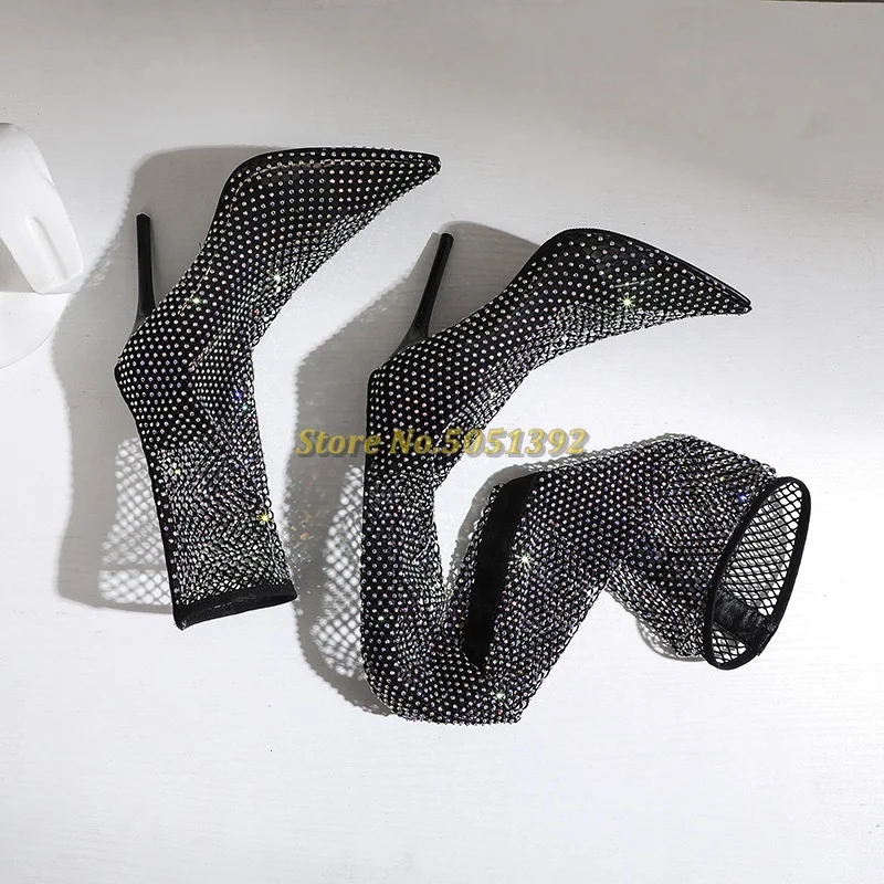 Crystal Shiny Sock Boots Air Mesh Stiletto High Heels Sexy Pointed Toe Slip On Stretch Over The Knee Boots Hollow Breathable