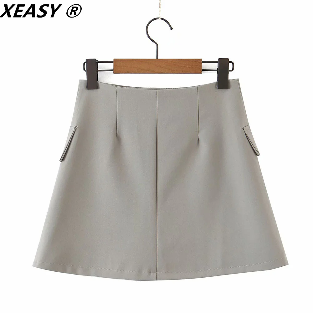 XEASY 2021 Women Fashion Set Vintage Single Button Short Blazer Female High Waist Asymmetrical A-Line Skirt England Style Suit