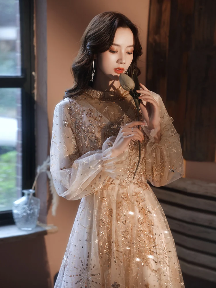 Gorgeous Champagne Evening Dress Stand Collar Full Sleeve Sequined Wedding Party Gown Women A-Line Slim Long Dress 2023