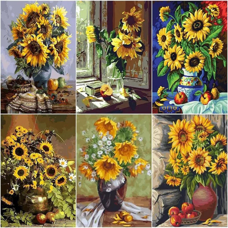 CHENISTORY Pictures By Number Sunflower Kit Drawing On Canvas Wall Art Handpainted Oil Painting DIY Flower Gift Home Decoration