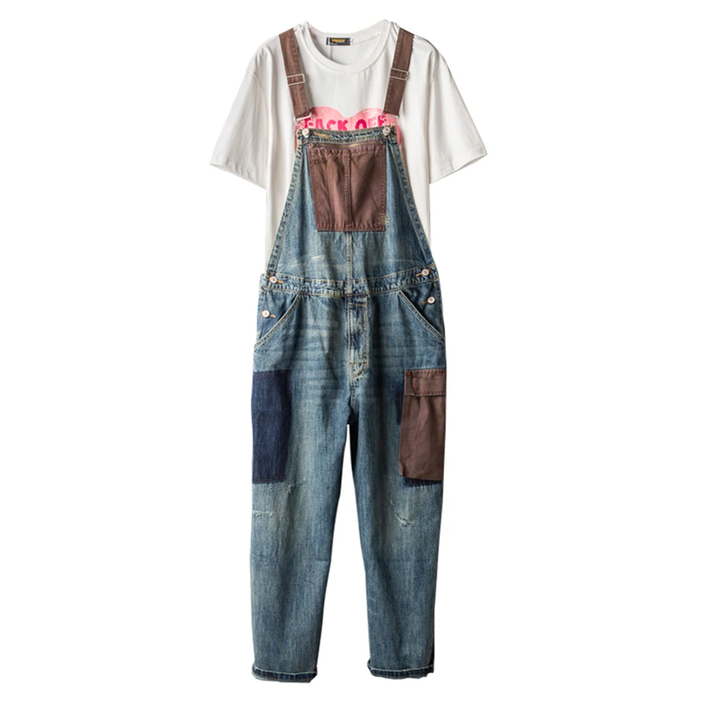 

Men's Vintage Contrast Color Denim Bib Overalls Casual Patchwork Patch Design Jeans Big Pocket Jumpsuits Pants