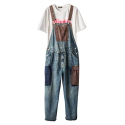 Men's Vintage Contrast Color Denim Bib Overalls Casual Patchwork Patch Design Jeans Big Pocket Jumpsuits Pants