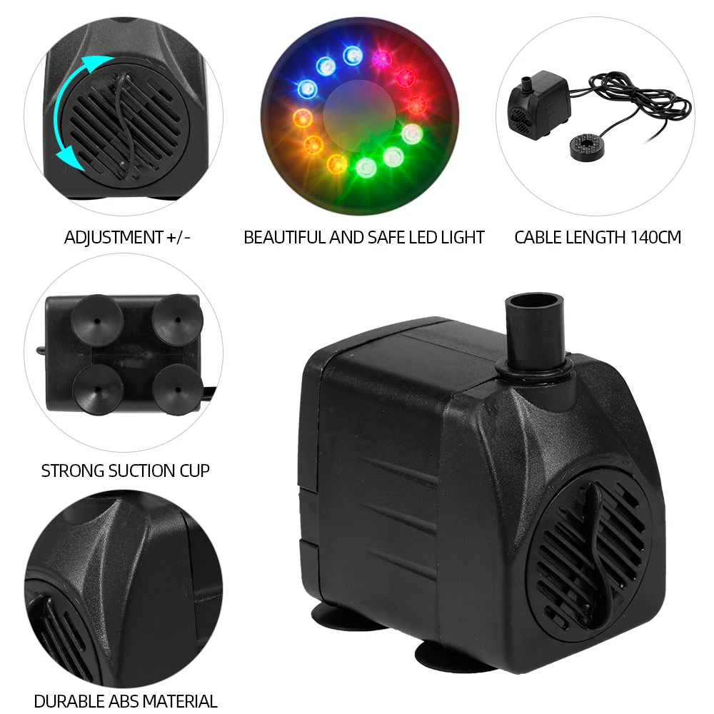 10W/15W Ultra-Quiet Submersible Water Fountain Pump Fish Tank Pond Aquarium Water Pump USB Fountain Pump with 12 LED Light