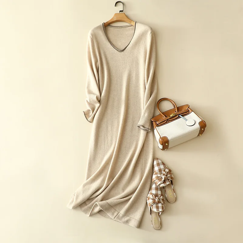 

europe autumn winter new 100% cashmere sweater dresses long elengat knitwear