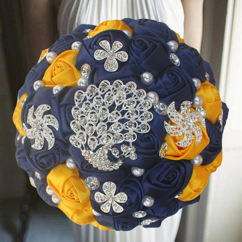 

1pc/lot Navy And Yellow Holding Flowers Wedding Flowers Bridal Bouquets Ivory Ribbon Brooch Bouquet Wedding Diamond Bouquet