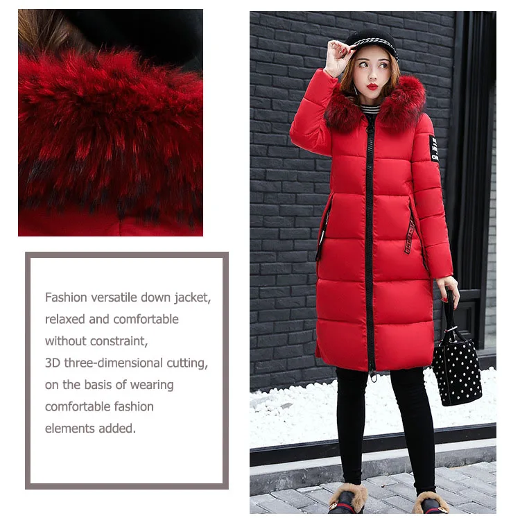 2025 Women's Down Parkas Winter Jacket Big Fur Collar Thick Slim Coat Fashion Hooded Cotton Outerwear Long Winter Woman Coat