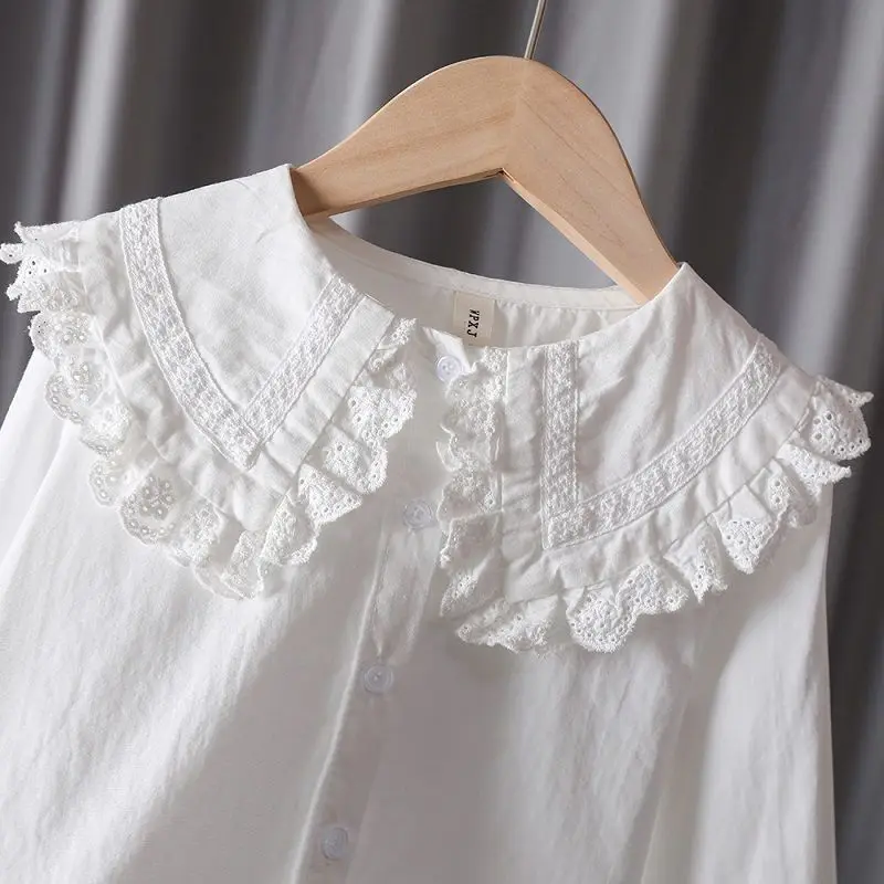 Blusa de encaje de algodón 100% para niño y niña, camisa blanca de manga larga, estilo coreano, para primavera y verano